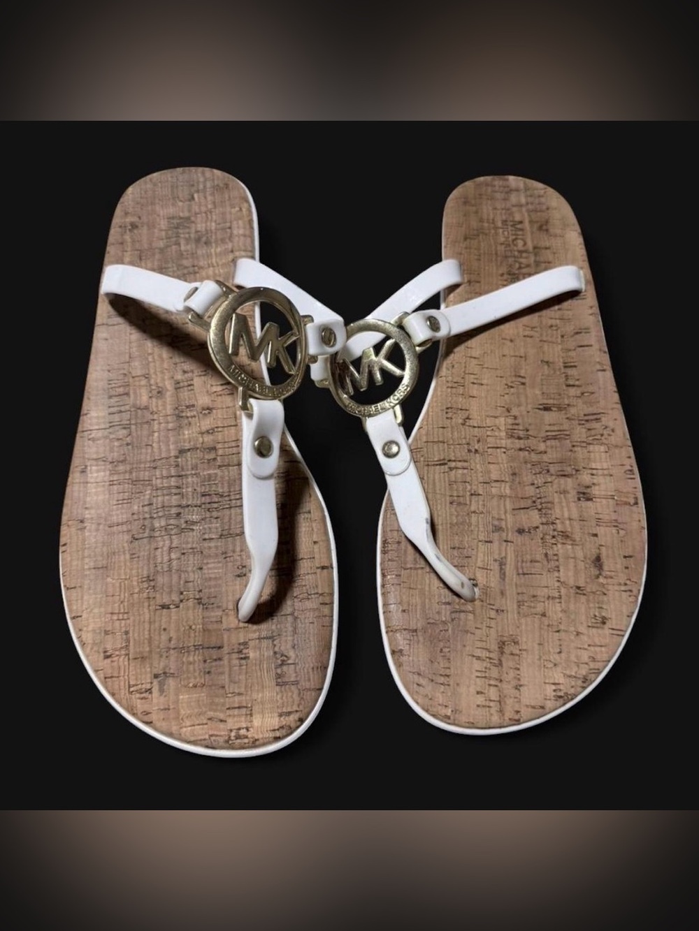 Michael Kors White and Gold Logo Cork-Effect Thong Sandals